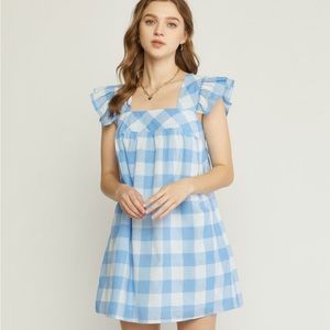 Blue Gingham Ruffle Sleeve Dress. NWT